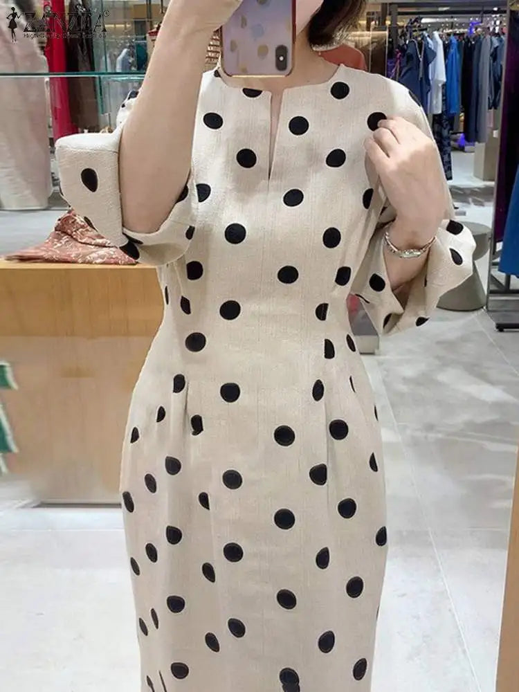 Elegant Women Dots Print Dress 2024 Summer Slim 3/4 Sleeve Vestidos Fashion V-Neck Party Midi Robe Office Pocket Dresses