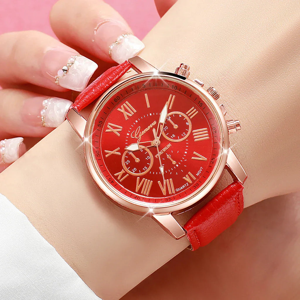 6PCS/Set Fashion Roma Dial Women's Quartz Watch Casual Leather Band Analog Wrist Watches（Without Box）