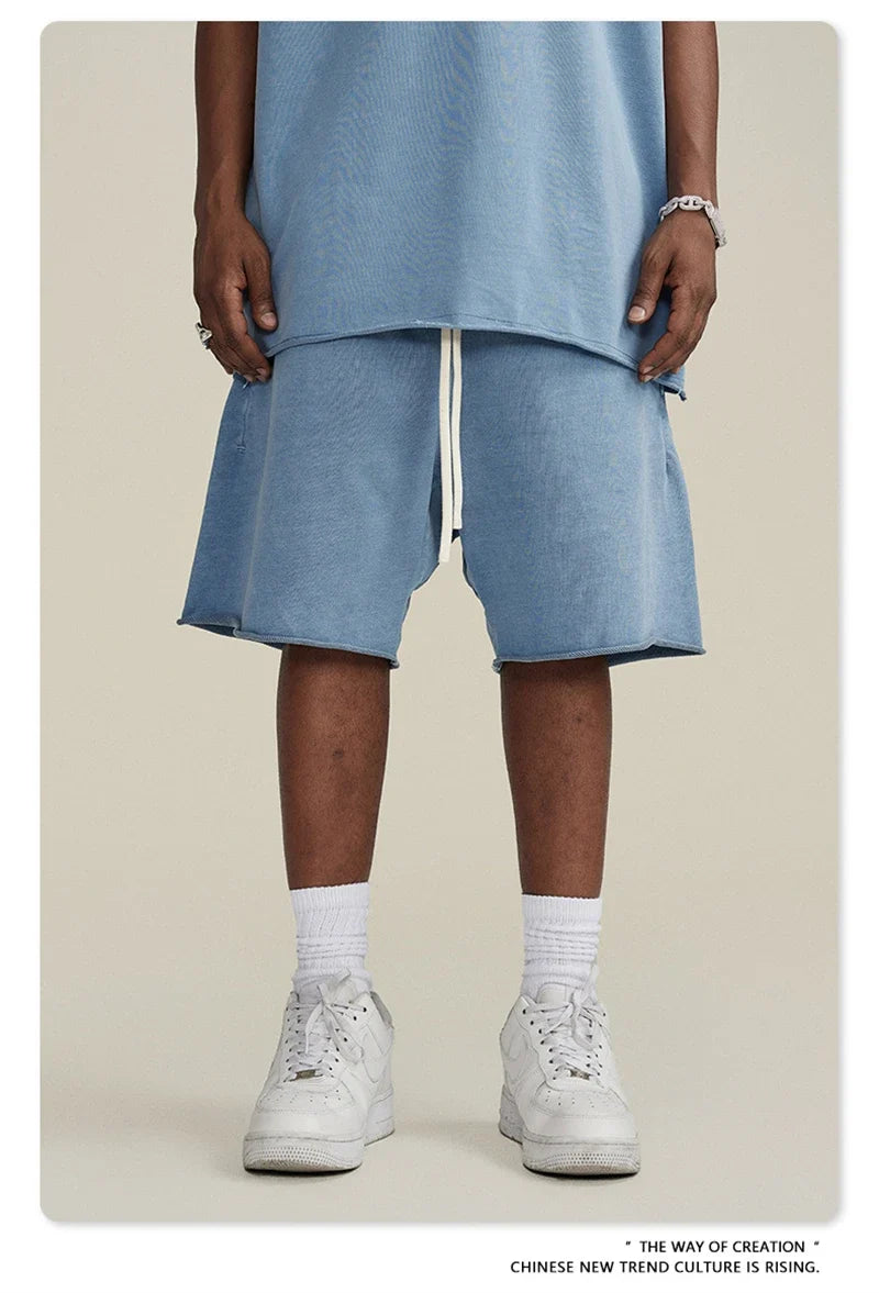 New Summer Men Retro Washed Shorts Unisex Drawstring Loose Edge 420gsm Solid Knee Length Cotton Pants Streetwears HY0589