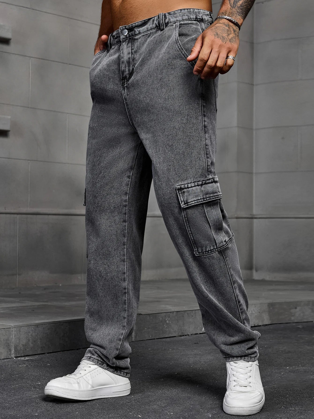 Men's Fashionable Multi-pocket Rrey Cargo Jeans Durable Non-stretch Workwear Denim Trousers Men's Pants Size XS-XL