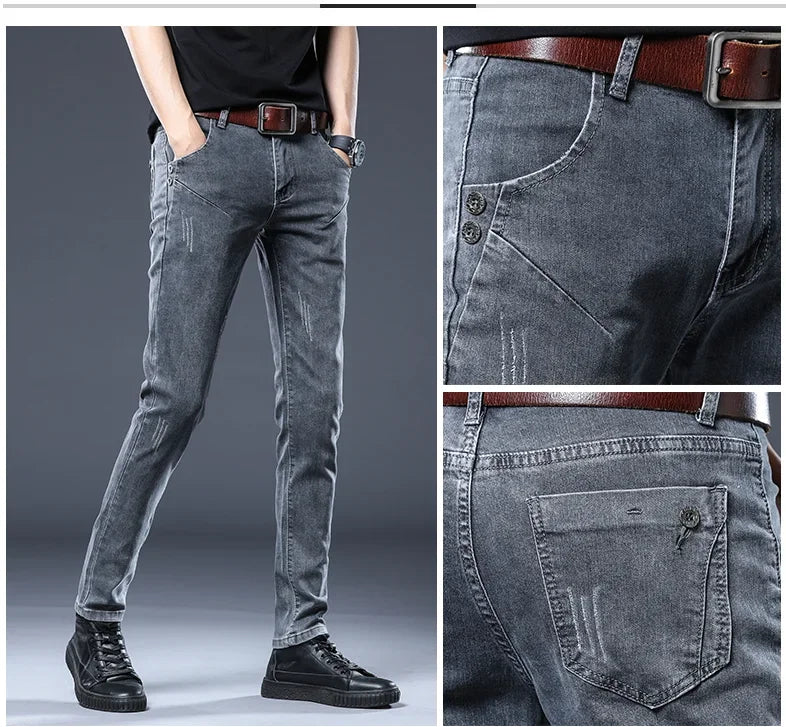 2026 New Gray Skinny Jeans Men's Slim Elastic Korean Fashion Vintage Casual Feet Male Clothing Denim Trousers 27-36