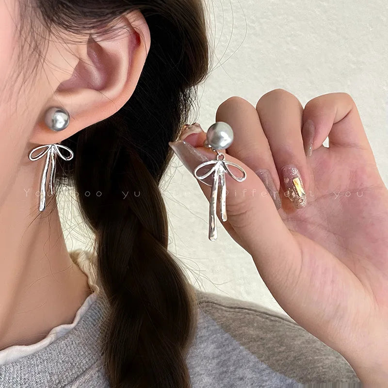Temperament Stainless Steel Ribbon Long Tassel Bowknot Drop Dangle Earrings for Women Charm Party Jewelry Korean Fashion Gift