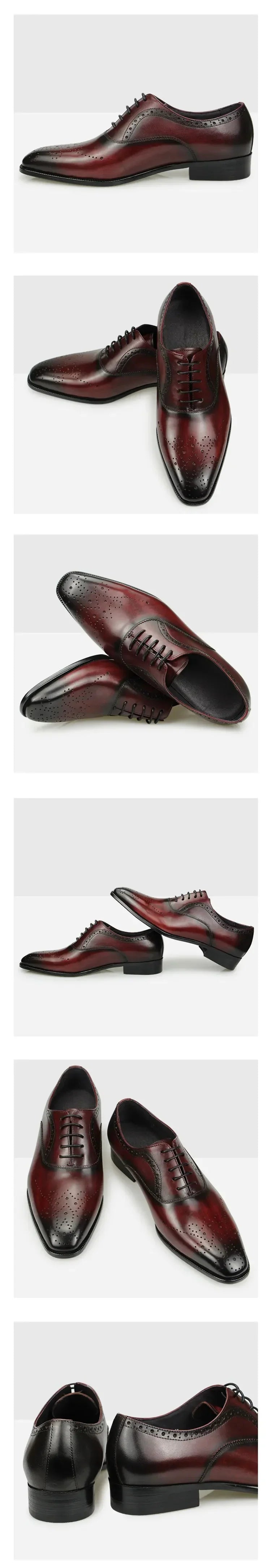 Luxury Dress Genuine Leather Shoes Mens Business Office Work Brogues High Quality Comfortable Formal Wedding Shoe Black&Wine Red
