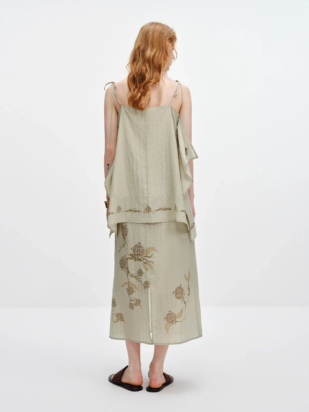 Vintage Printed Camis Midi Skirt Set Square Neck Sleeveless Summer Elastic Waist Outfit Silk Office Daily