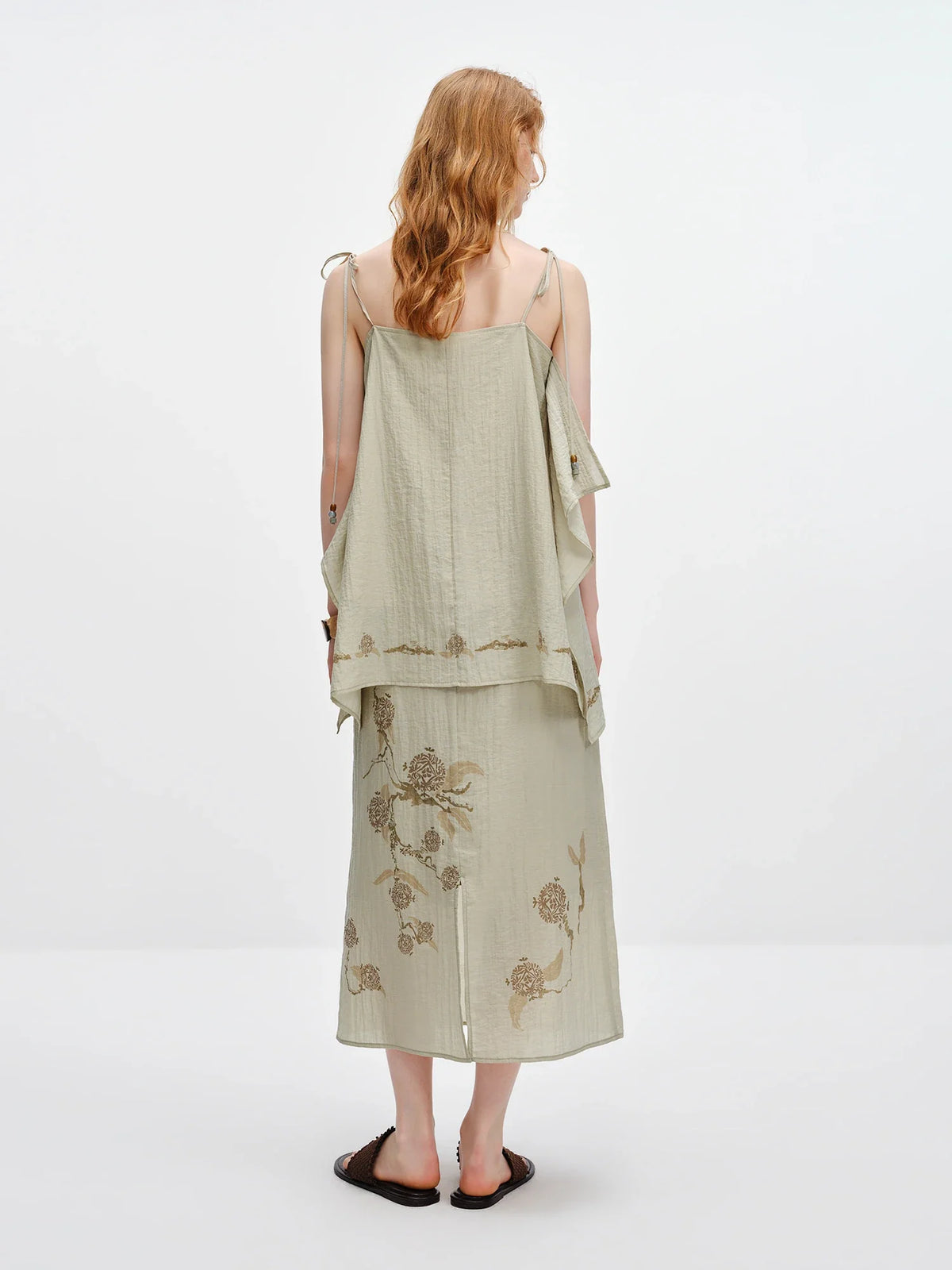 Vintage Printed Camis Midi Skirt Set Square Neck Sleeveless Summer Elastic Waist Outfit Silk Office Daily