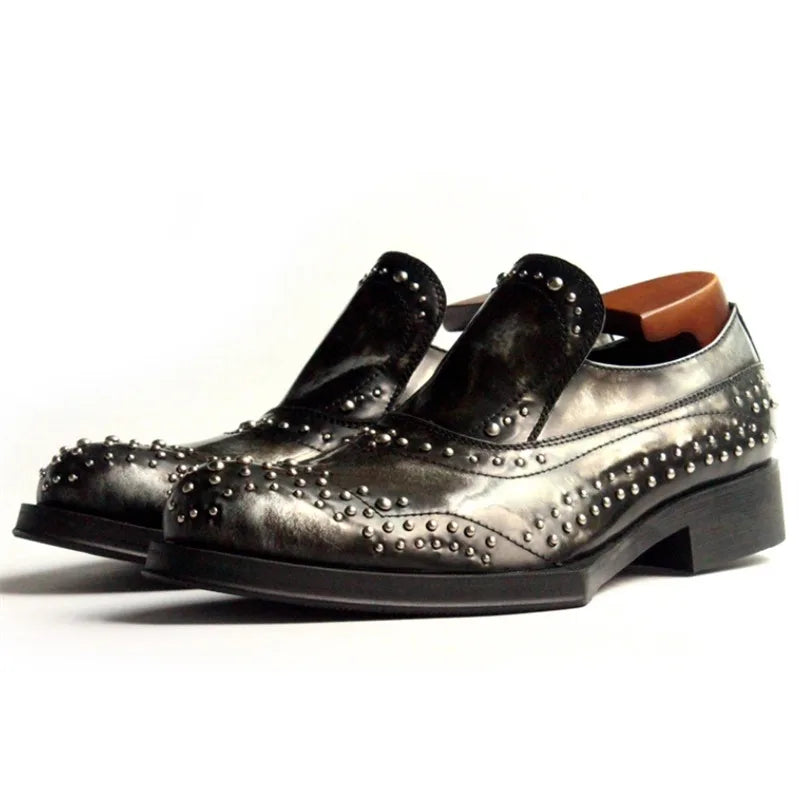 New Shaped Heel Fashion Rivets Leather Shoes Men Handmade Genuine Leather Dress Slip on Loafers Oxfords Office Male Shoes