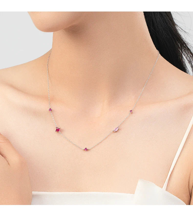 925 Sterling Silver Rainbow Colorful Zirconia Pendant Necklace Shiny Geometric Chain Neck For Women Party Jewelry Gift