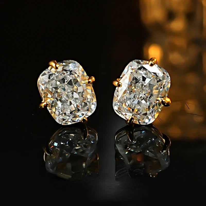 Light luxury 8 * 10 crushed ice cut 925 silver ear nail inlaid with high carbon diamond fat rectangular temperament for women