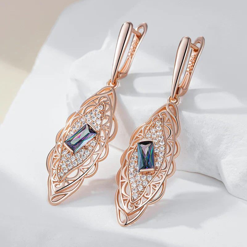 Hot 585 Rose Gold Color Flower Dangle Earrings for Women Square Colorful Natural Zircon Accessories Daily Fine Jewelry