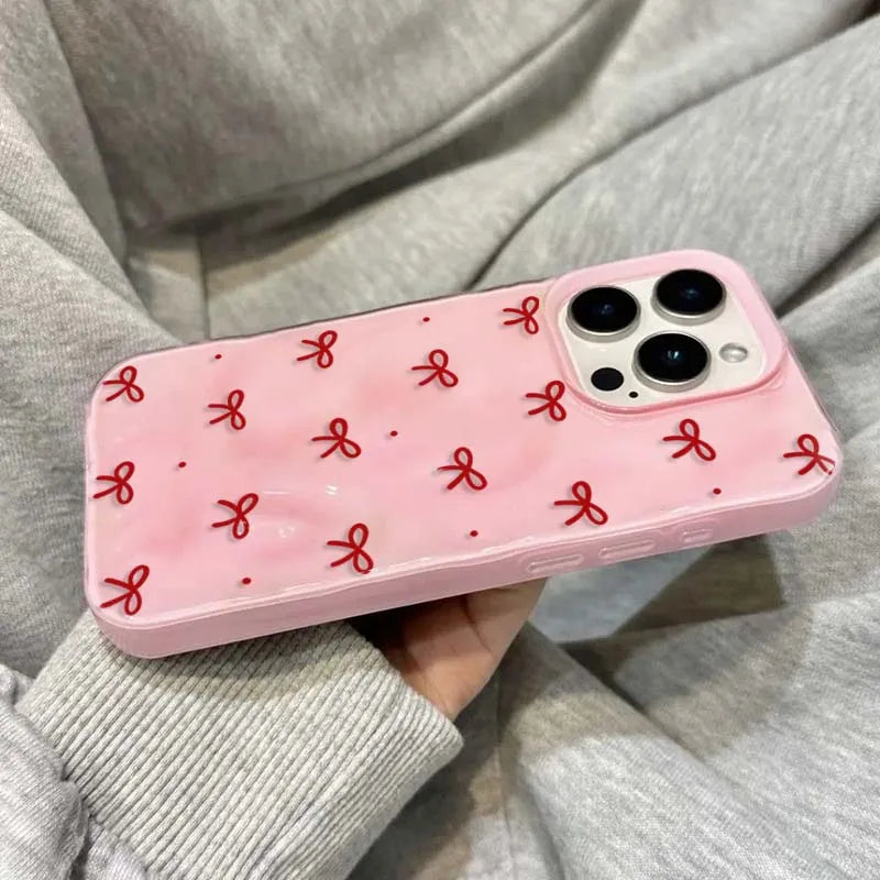 Red Bow Dots Folds Texture Phone Case For iPhone 11 Funda iPhone 17 13 14 15 16 Pro Max 12 Plus 14promax Shockproof Soft Cover