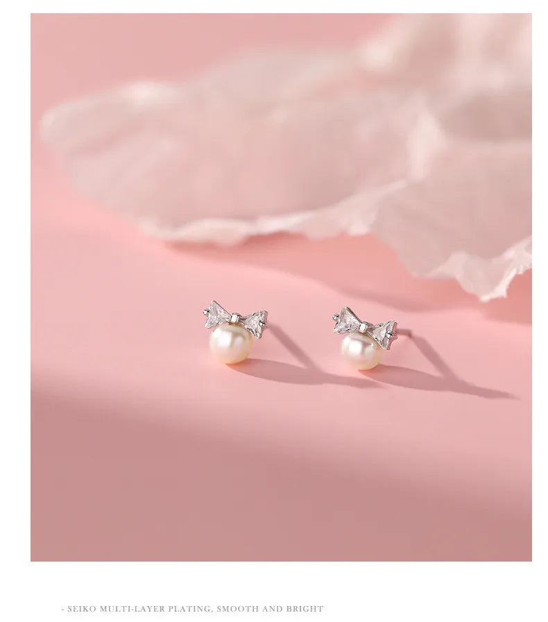 Korea Exquisite Vintage Zircon Pearl Bow Sweet Stud Earrings for Women 925 Sterling Silver Jewelry