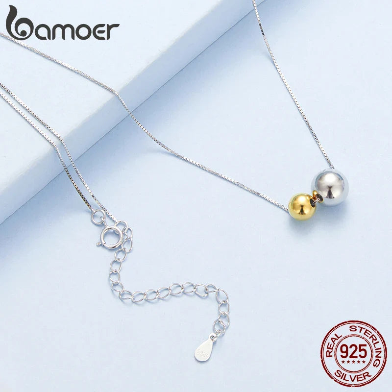BAMOER 925 Sterling Silver Round Ball Beads Pendant Necklace Fashion Waterproof Metal Daily Gold Plated Trendy Jewelry for Women