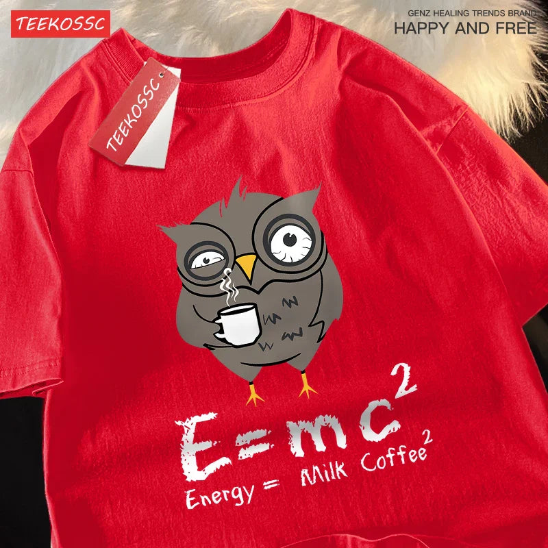 تي شيرت رجالي مطبوع عليه شعار "Energy Milk Coffee Fun Formula" من القطن بياقة مستديرة وتصميم فضفاض كبير الحجم مناسب للشارع ومناسب للزوجين