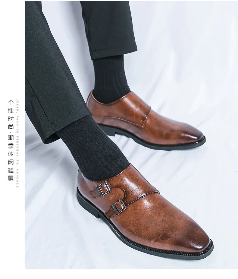Men's Monk Leather Shoes Pointed Toe Buckle Dress Shoes Oxfords Classic Retro Business Office Wedding Comfortable