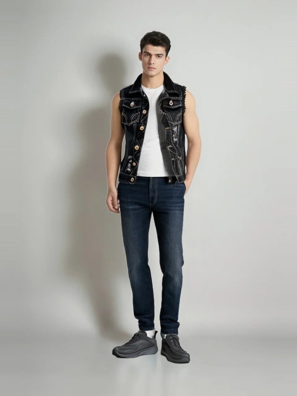 New Spring Autumn Vintage Design Men's Denim Vest Male Black Sleeveless Jackets Men Hole Jeans Brand Waistcoat 6XL,YA566