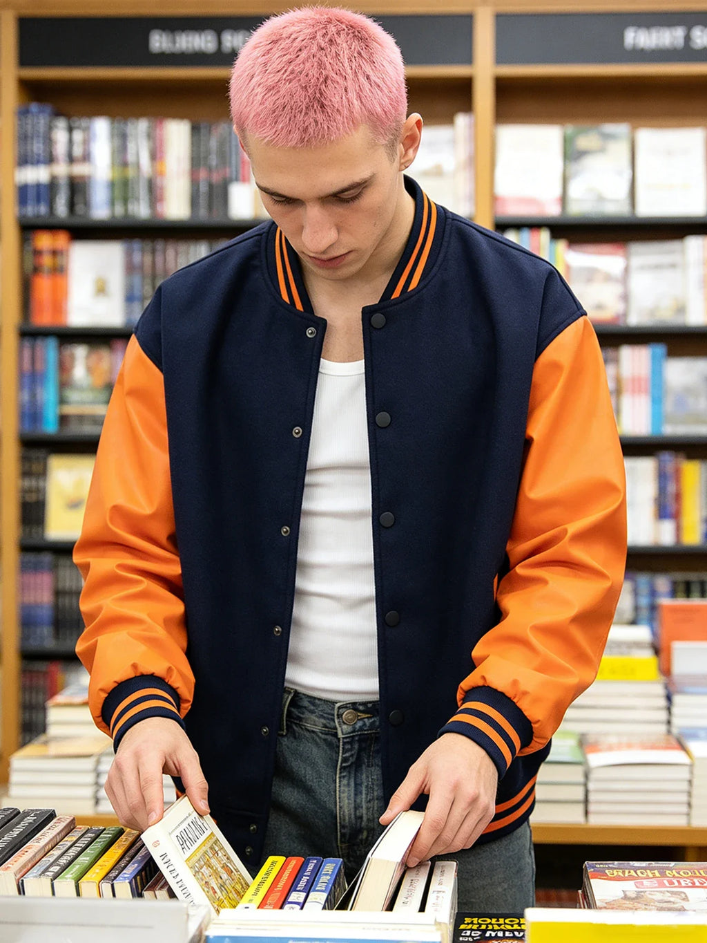 Men's Classic Varsity Jacket with Faux Leather Sleeves Letterman Style Baseball Coat Color-Block Lightweight Men's