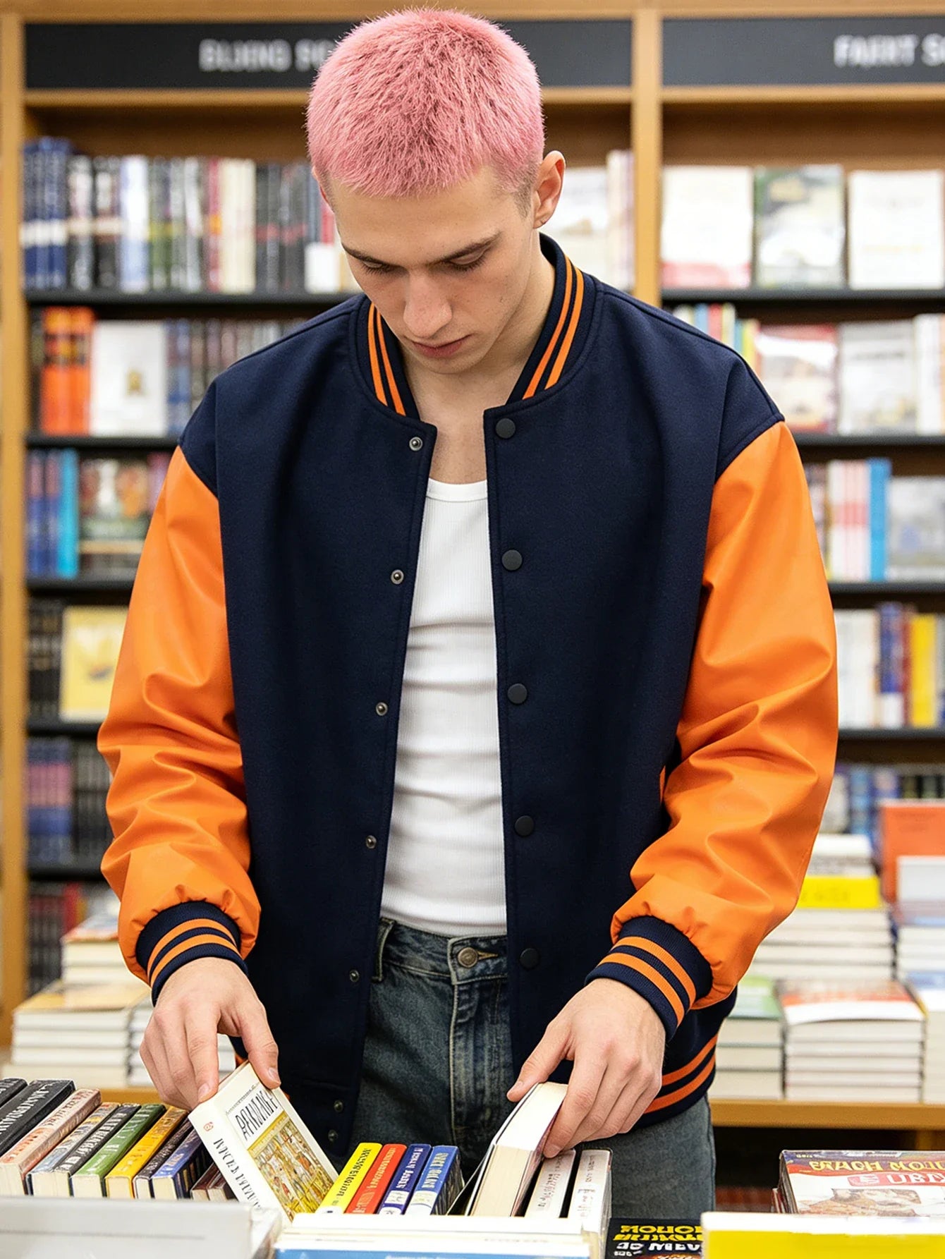Men's Classic Varsity Jacket with Faux Leather Sleeves Letterman Style Baseball Coat Color-Block Lightweight Men's