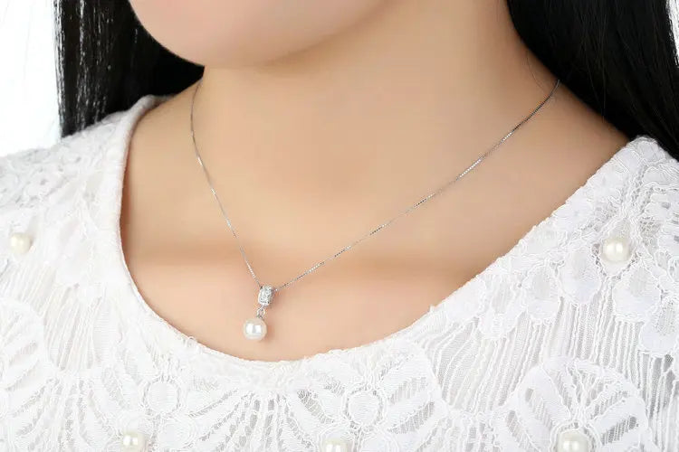 925 Sterling Silver Simulated Pearl Pendant Necklace Long Chain Necklace  Jewelry Wedding Necklace Accessories SCN030