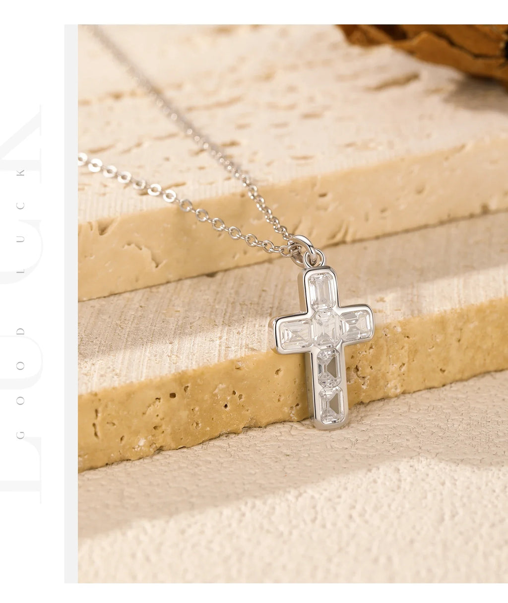 925 Sterling Silver Sweet Cool Cross Link Chain Necklace Emerald Cut CZ Pendant Necklace For Women Fine Jewelry Gift