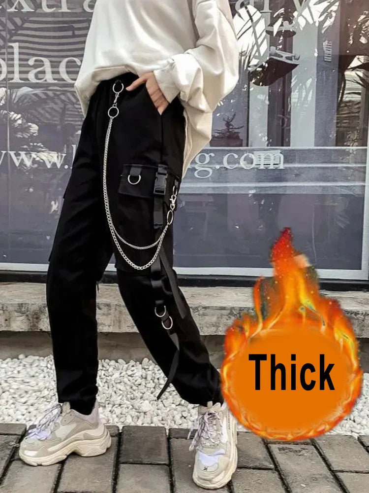 ZOKI Gothic Women Cargo Pants Black Joggers High Waisted Harajuku Harem Pants