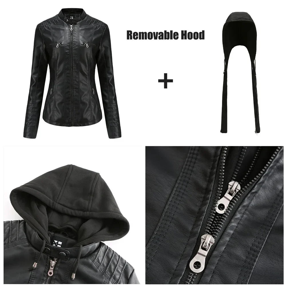 Women’s hooded jacket coat set, detachable design, faux leather, spring autumn, regular fit, L–XXL