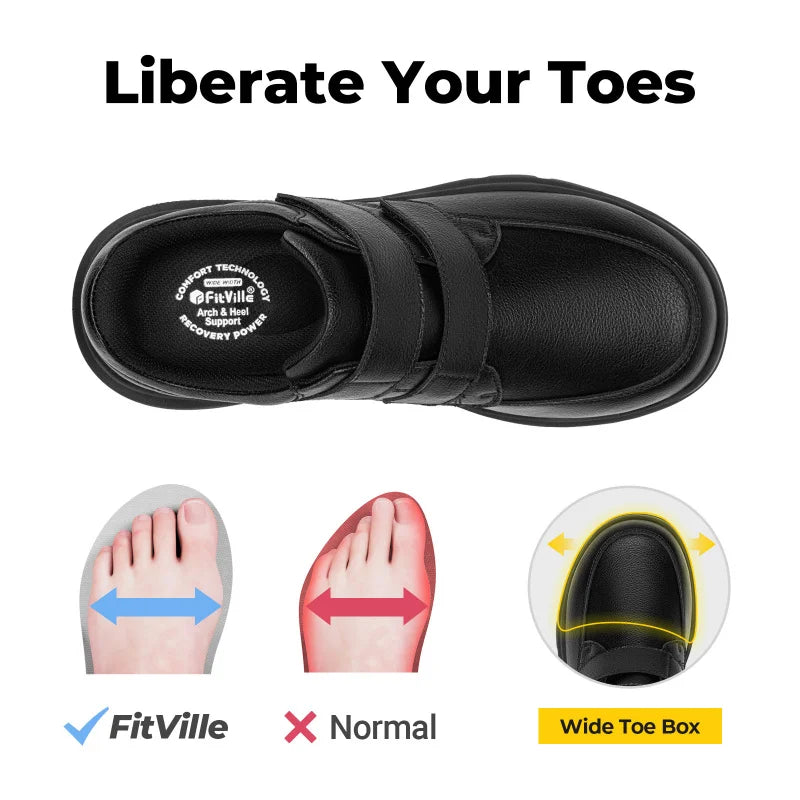 Men's Wide Walking Shoes Hook and Loop Comfortable Leather Business Shoes Orthopedic Diabetic Shoes for Swollen Feet