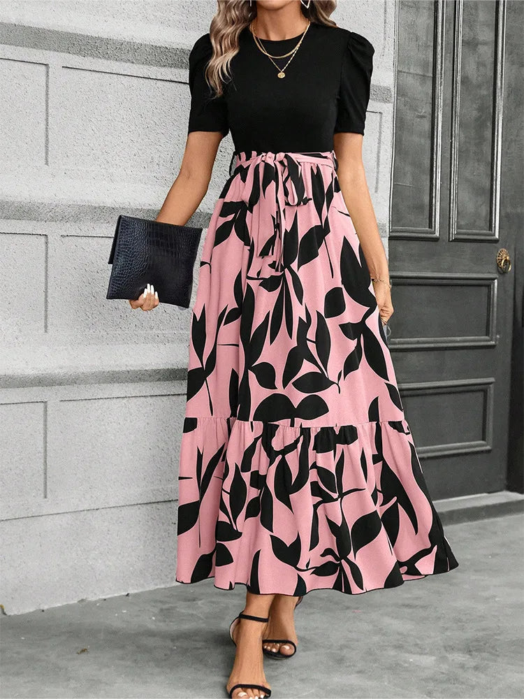 Elegant Floral Print Round Neck Long Dresses Women Short Sleeve High Waist Lace-up Office Lady Holiday Party Dresses Vestidos