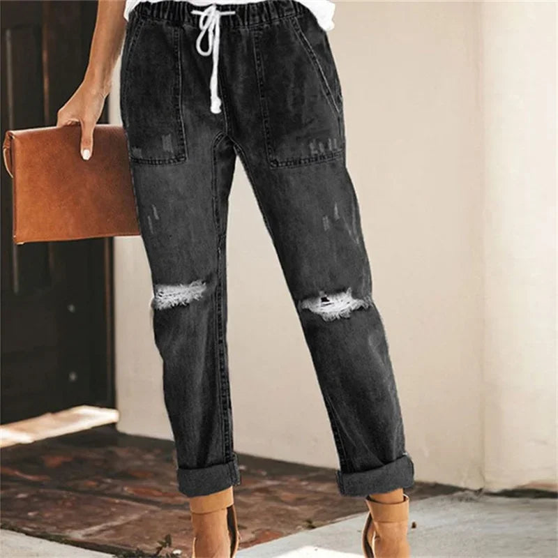 Women's Elasticated Waist Drawstring Tie Straight Jeans