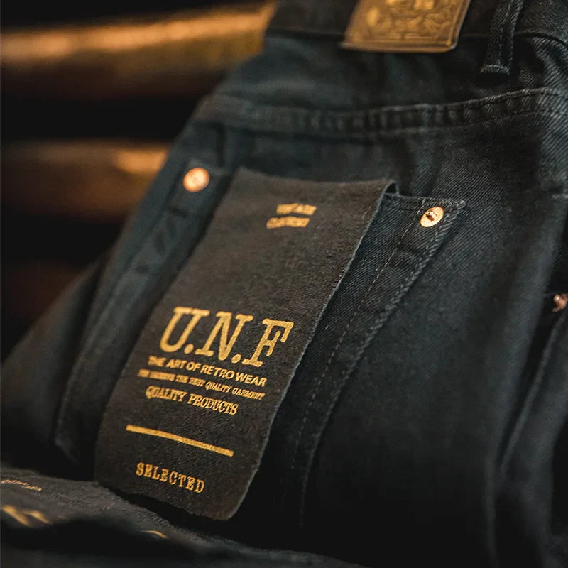 Men Baggy Denim Jeans American Retro Pure Black Mid-waist Jeans