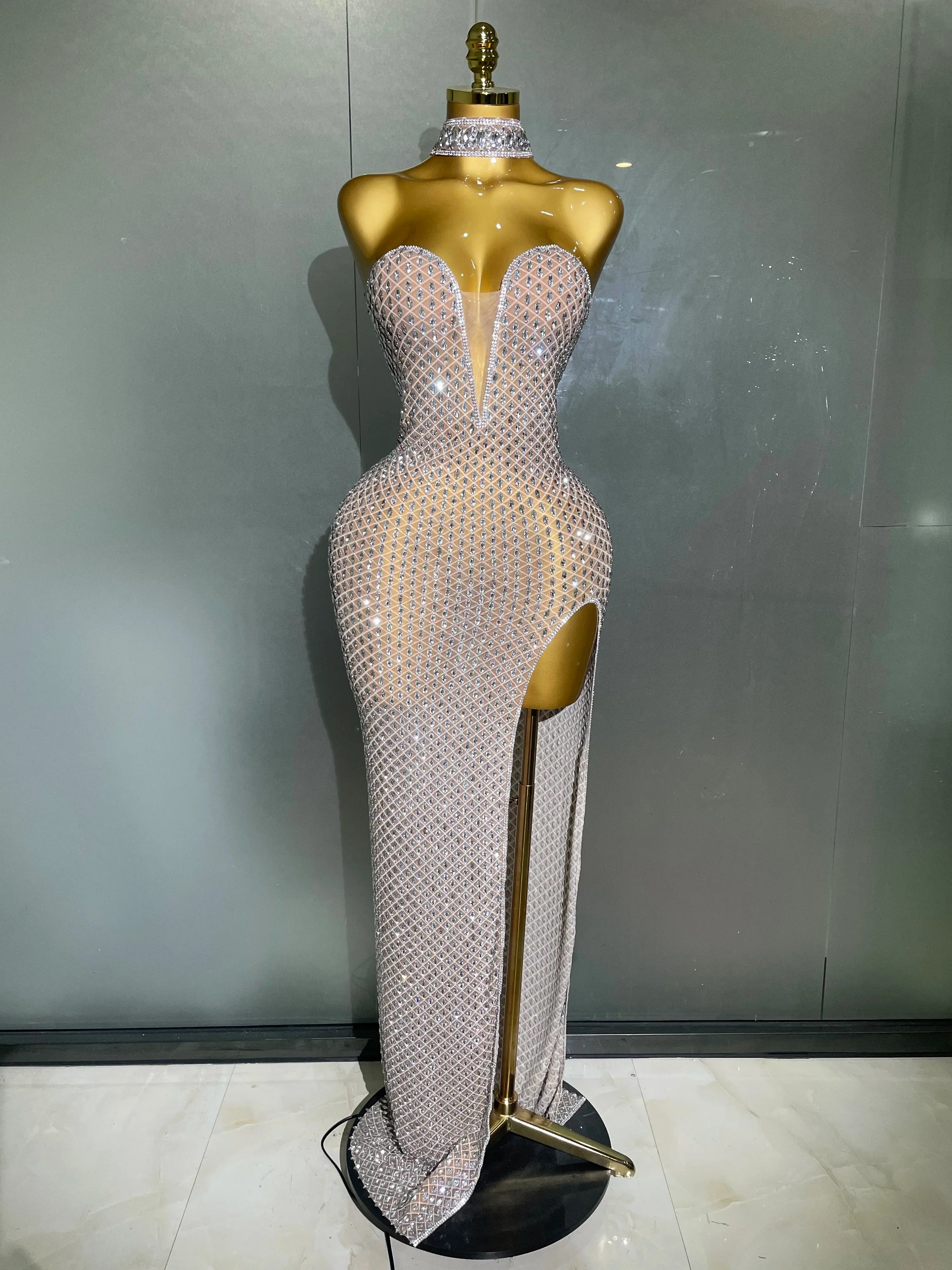 2025 Luxurious Full Rhinestones Mesh Transparent Long Dress Women Birthday Celebrate Evening Prom Dress Party Club Stage Costume