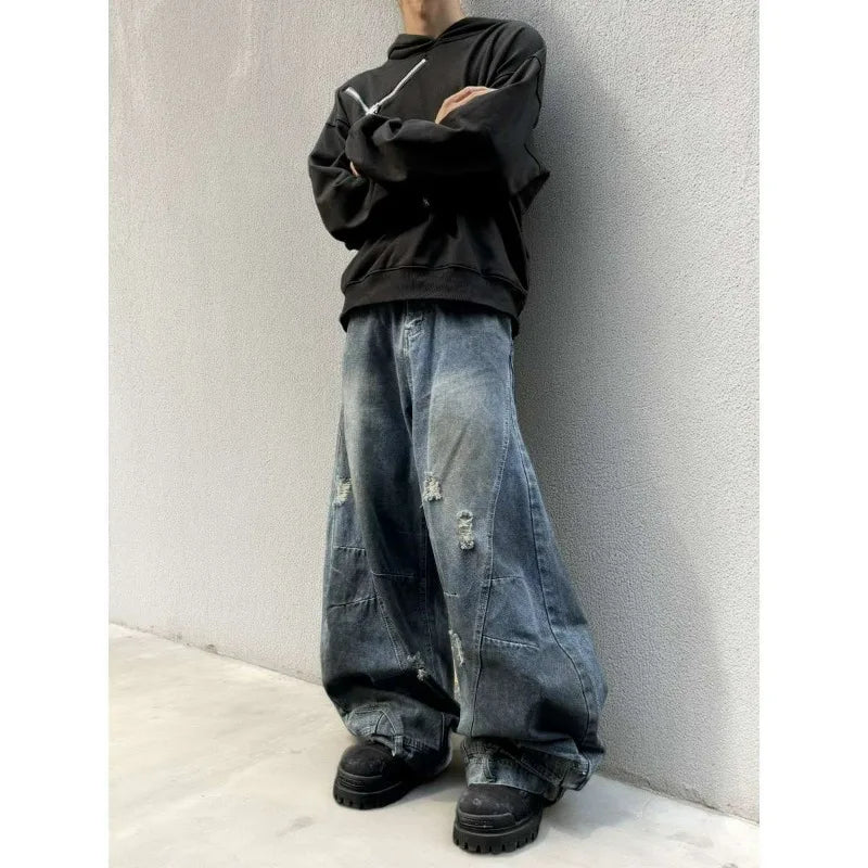 Autumn New Men's 98% Cotton Jeans American Y2k Streetwear Hole Patchwork Design Denim Pants Youth Straight Baggy Stretch Jeans
