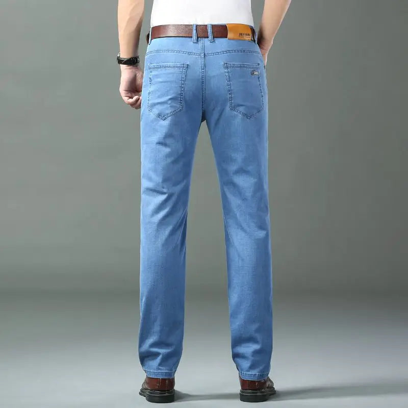 Brother Wang Classic Style Men Brand Jeans Business Casual Stretch Slim Denim Pants Light Blue Black Trousers Male