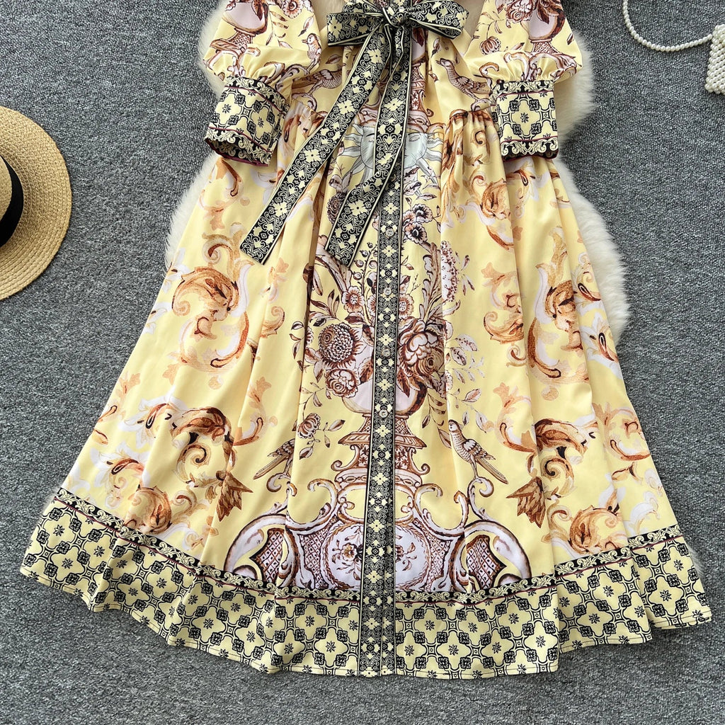 Retro Faion Print Stand Collar Single Button Women's Dr Waist Cinched Floor Length Skirt Korean Sle High Waist Long Sl...