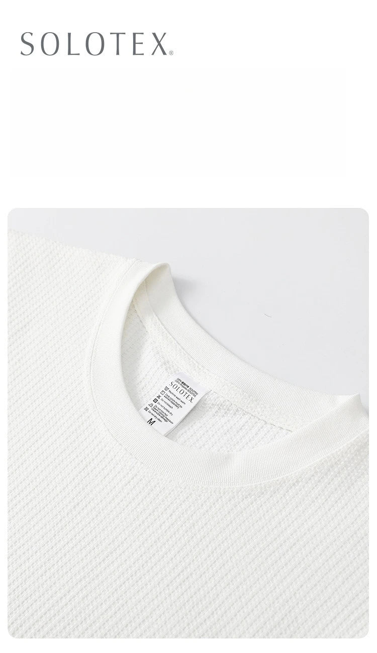 Autumn Lightweight Waffle Knit Base Layer Top  Men - Fashionable Loose Fit Versatile Long-Sleeved Round Neck T-Shirt/Sweatshirt