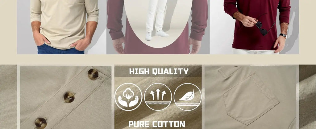 Henry Neck Long Sleeves Men's High Quality Cotton Henley Shirts Casual Button T-Shirt with Pocket Placket Fitted Tees