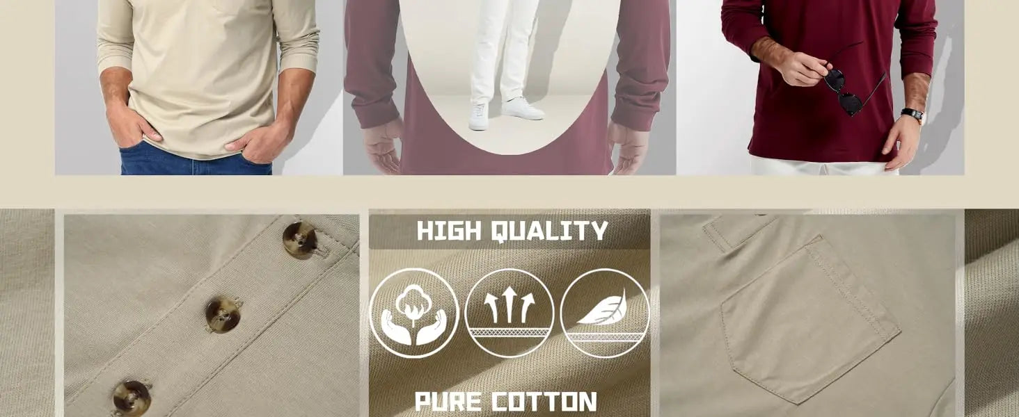 Henry Neck Long Sleeves Men's High Quality Cotton Henley Shirts Casual Button T-Shirt with Pocket Placket Fitted Tees