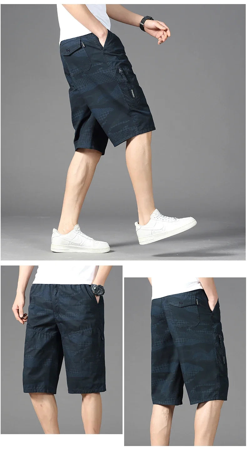 Men's Knee Length Casual Shorts Zipper Pocket Fashion Loose Straight Cotton Comfortable Beach Running Short Pants