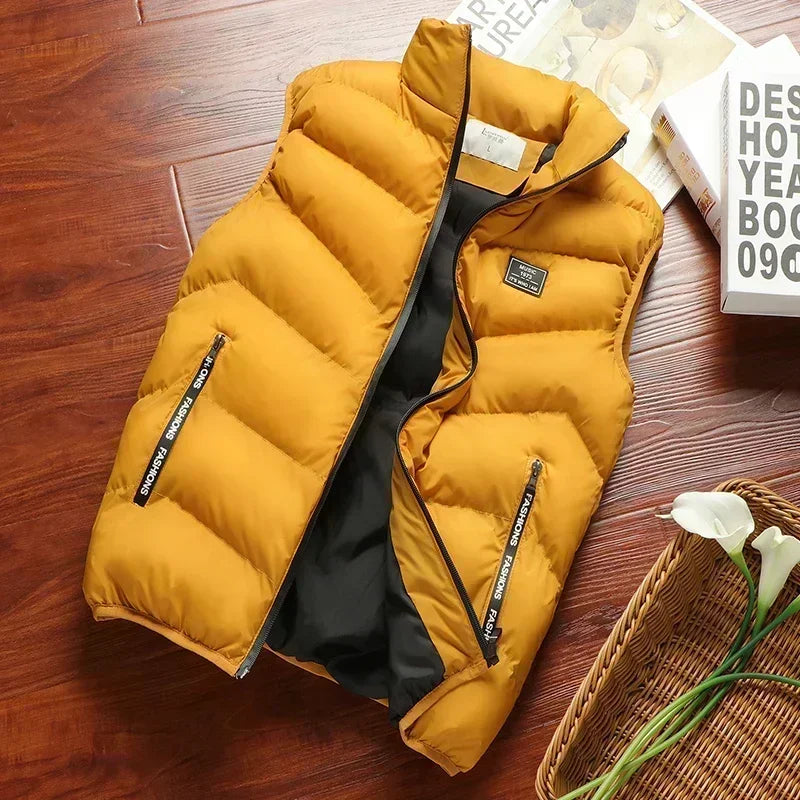 Winter Warm Men's Jacket Sleeveless Zipper Vest Solid Casual Vests Male Cotton-Padded Thickened Stand Collar Wear Outside