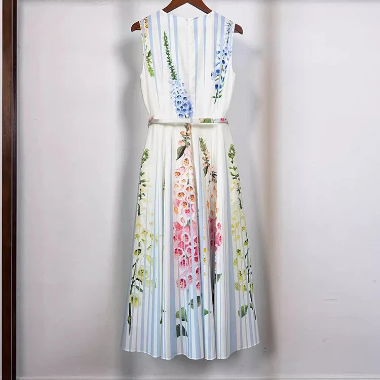 2026 Spring Women's New Fashionable Round Neck Sleeveless Printed Cotton Belt Waist cinching Dress ﻿