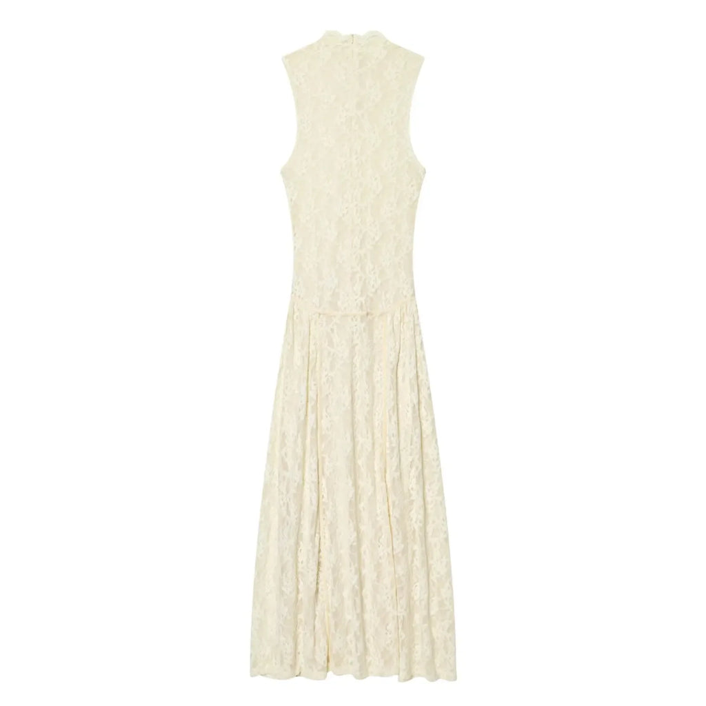 HH Women's Spring Summer Stylish Off‑White High Neck Lace Sleeveless Dress Female Elegant Temperament Zipper Long Party Dress