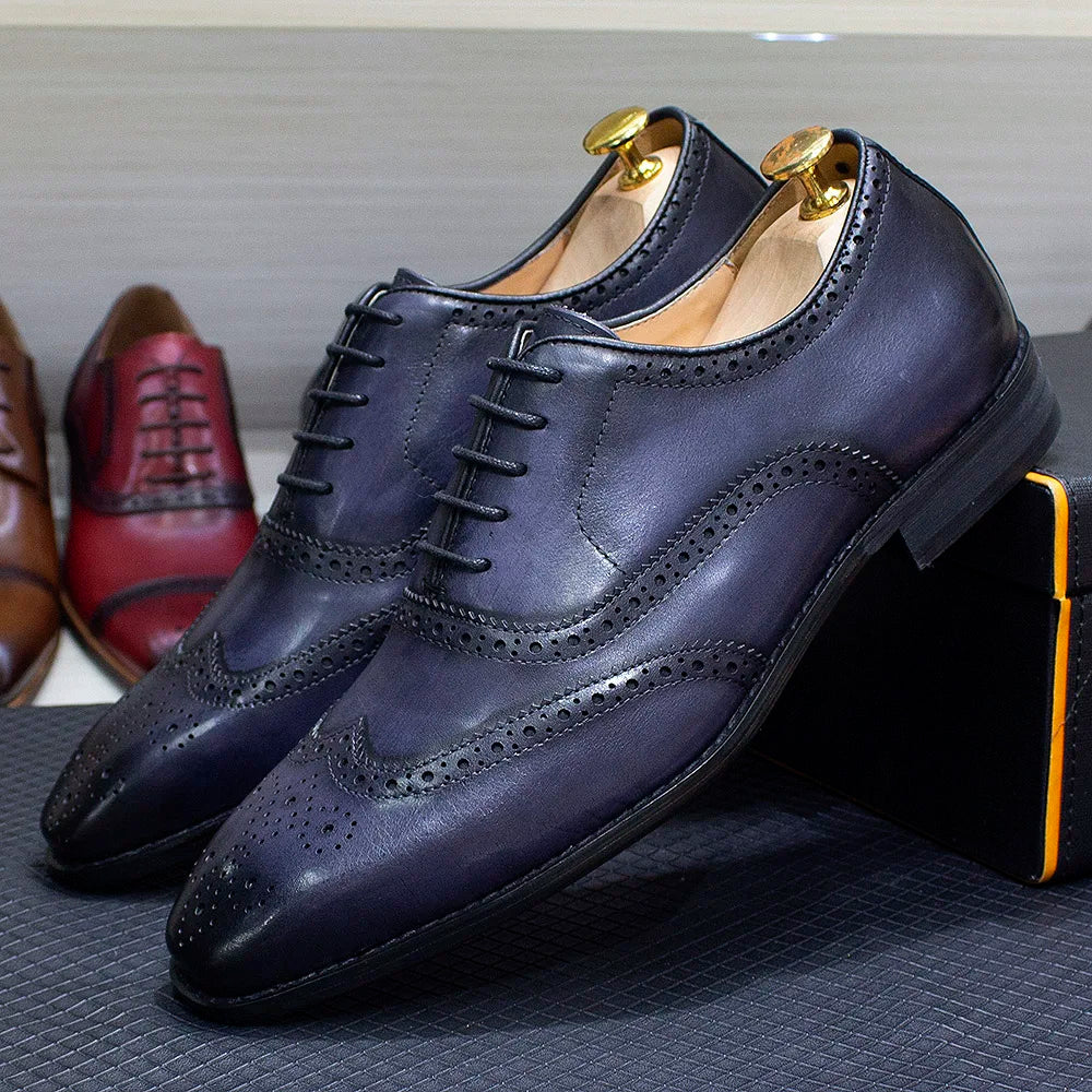 Size 7-12 Handmade Men's Wingtip Oxford Shoes Genuine Calfskin Leather Brogue Dress Shoes Classic Business Formal Shoes for Men
