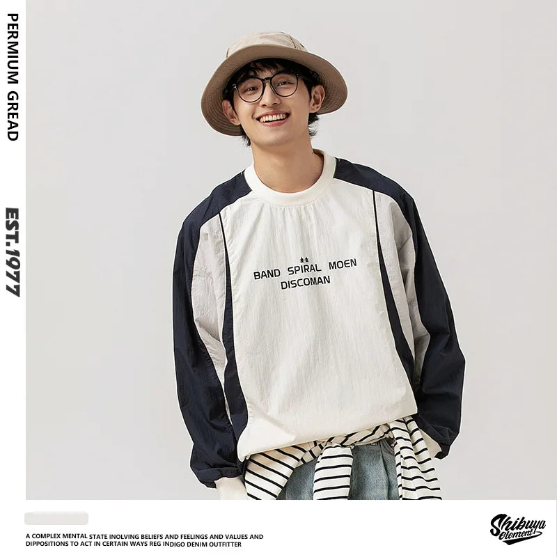 Japanese-inspired Color-blocked Crew Neck Sweatshirt with Patchwork Design: Men's Spring/Autumn Outdoor Leisure