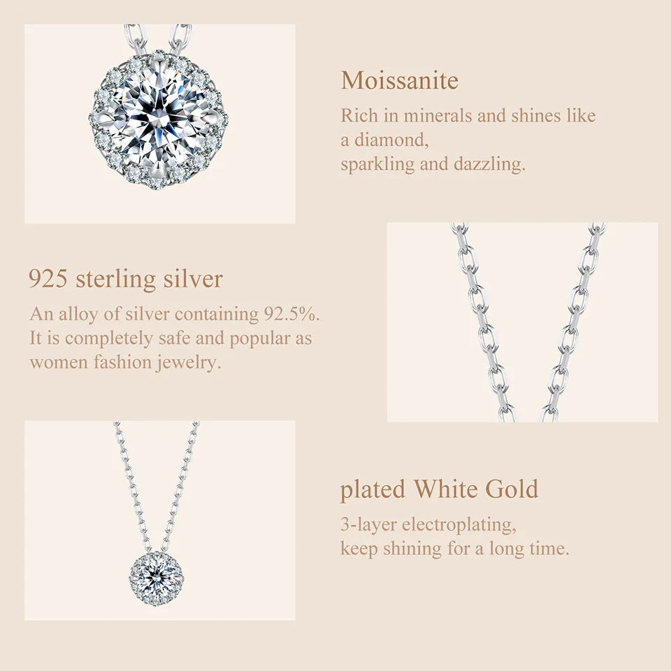 925 Sterling Silver Round Halo Moissanite Necklace, White Gold Plated Classic Elegant Necklace Engagement Jewellry Gift