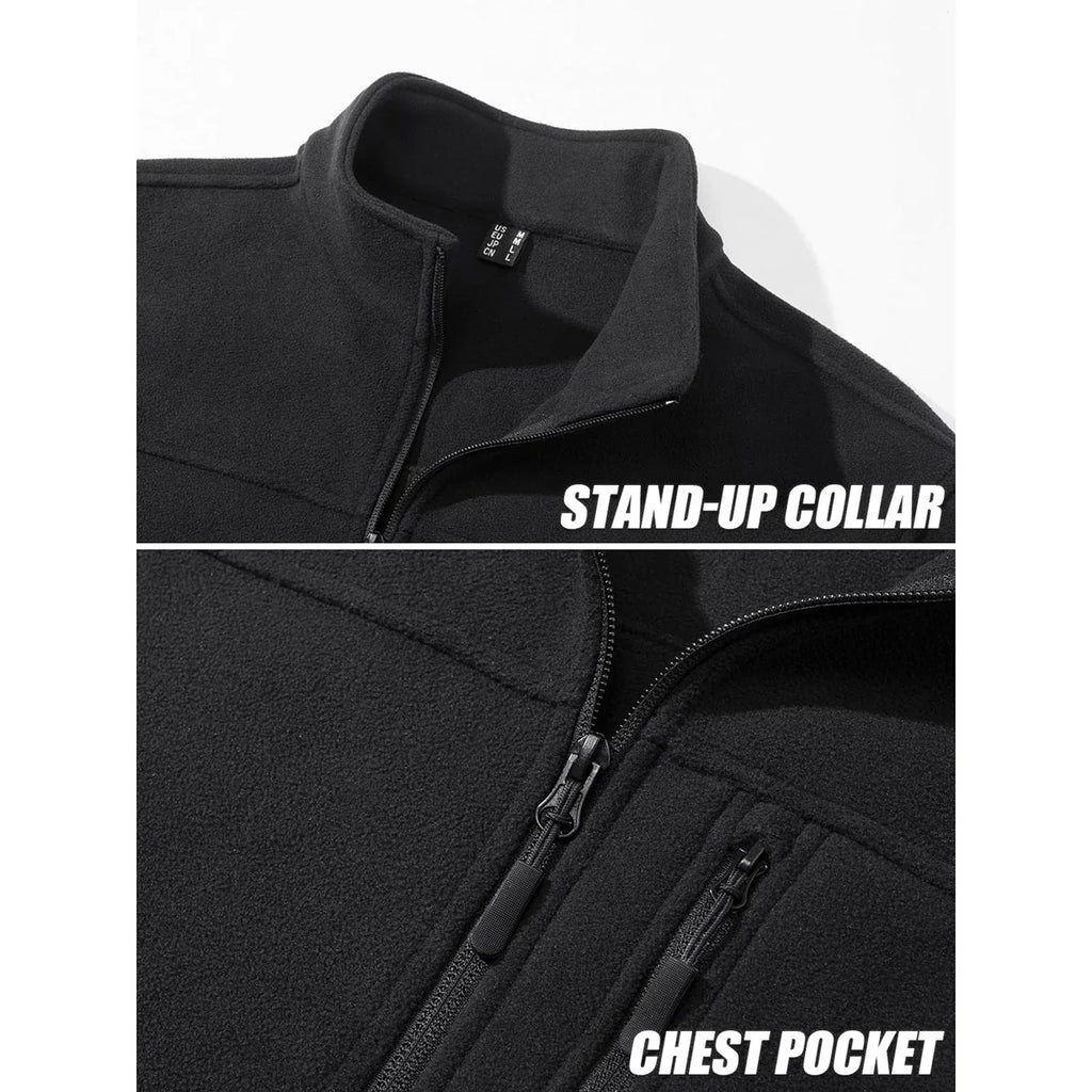 Men's Thermal Warm Fleece Jacket Stand Collar Full Zip Windbreaker Multiple-pockets Outerwear Working Hiking Coat