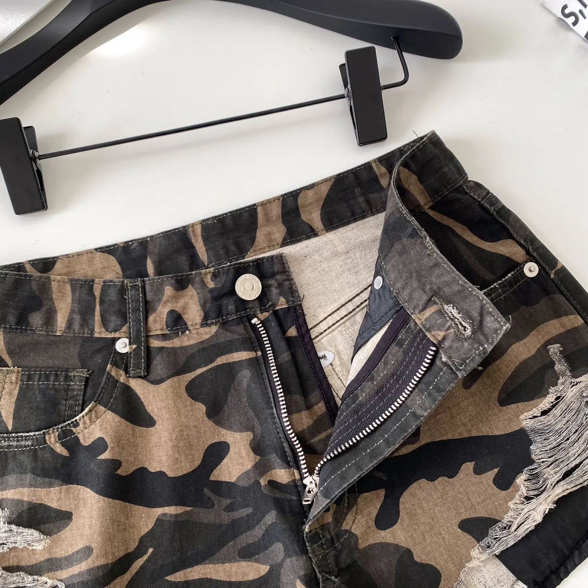 SINGREINY American Retro Camouflage Mini Shorts 2026 Ladies Hollow Out Slim Beach Pants Hot Girl Sexy Print Denim Shorts