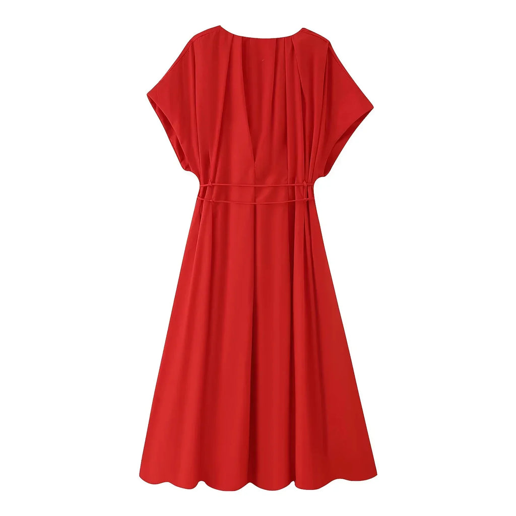 2026 Spring Summer Vintage Women Dress Fashion Single Breasted Sashes Draped V Neck Sleeveless Chic Brown Ladies Dresses