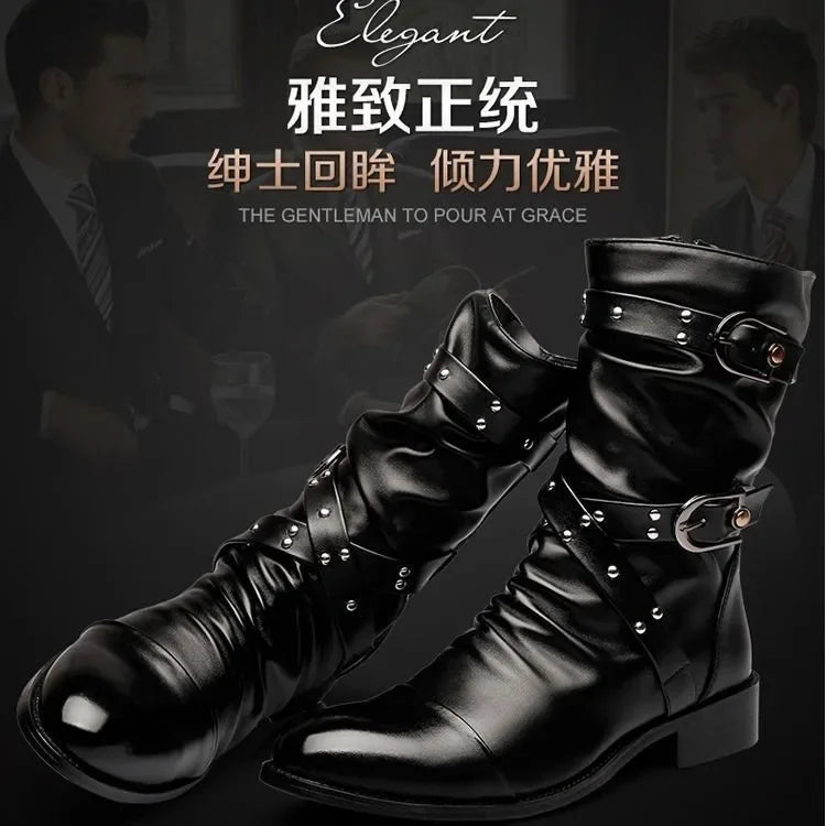 Men's Leather High Quality Mid Tube Boots Fashion Classic Autumn Winter Black Punk Rock Shoes Casual Men Womens Plus Size 38--48