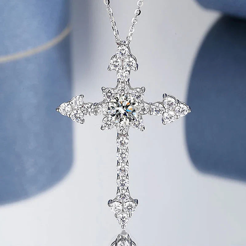 Real 1 Carat Moissanite Cross Pendant Necklace For Women 100% 925 Sterling Silver D Color Diamond Necklaces Fine Jewelry