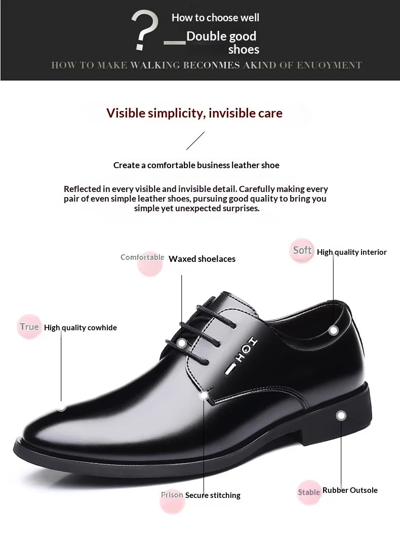 Men Height Increasing Shoes 6cm Inner Lift Black Formal Dress Shoes Lace Up Business Casual Elevator Shoes for Wedding Banquet