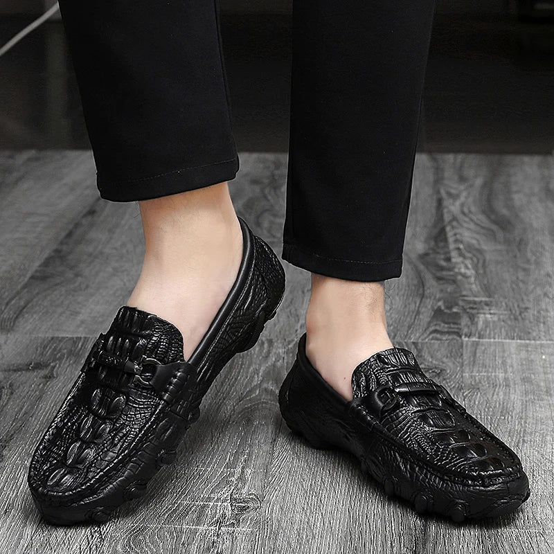 Luxury New Genuine Leather Men Shoes Thick Bottom Crocodile Style Moccasins Mens Loafers Fashion Male Flat Classic Driving Shoes